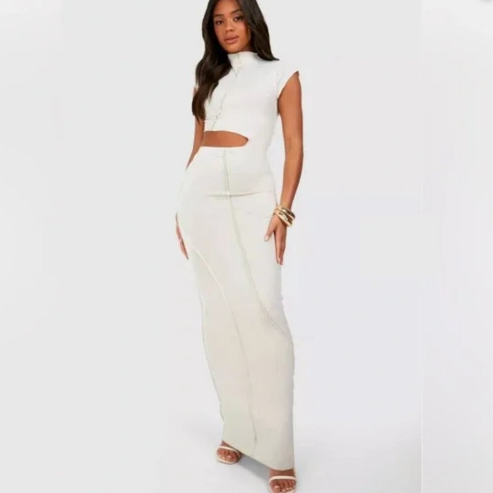 NEW Boohoo Exposed Seam Cut Out Maxi Dress size 4 Bodycon Long Ivory Sleeveless